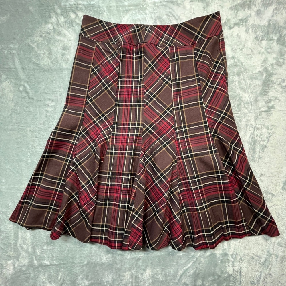 Kenar Plaid‎ Flaired Skirt Women 10 Brown Burgundy Pleated Gored Knee Length